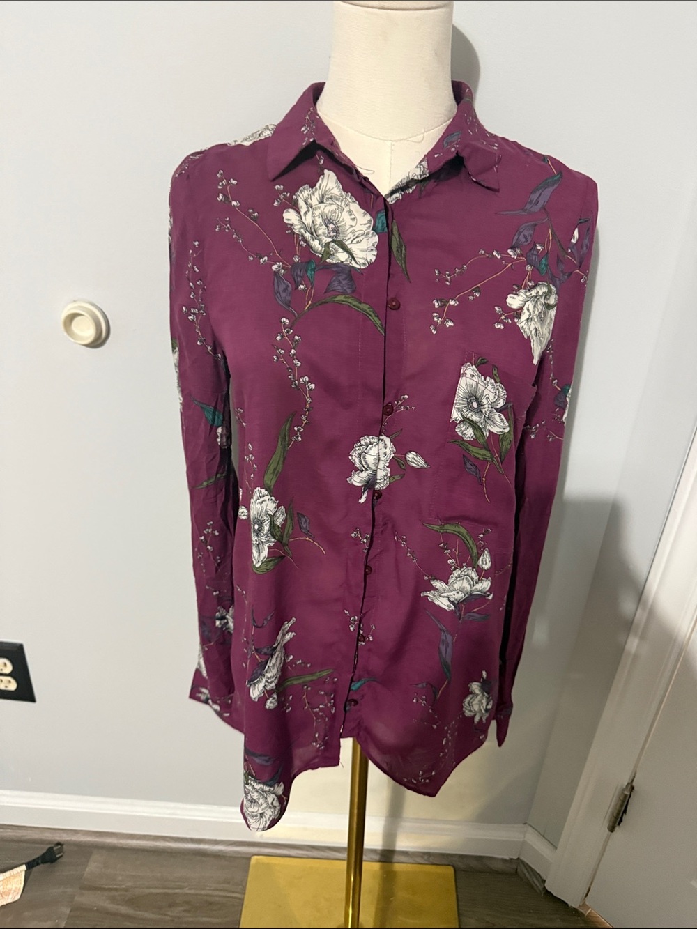 Pull&Bear Plum Floral Button-Down Shirt